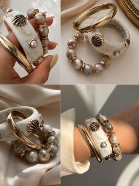 Anthropologie Marbled Cream & Gold Stacked Bracelet set